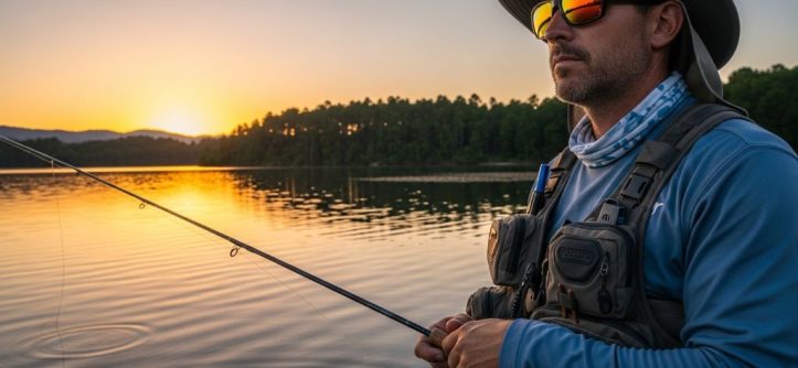 angler wearing polarized fishing sunglasses near water