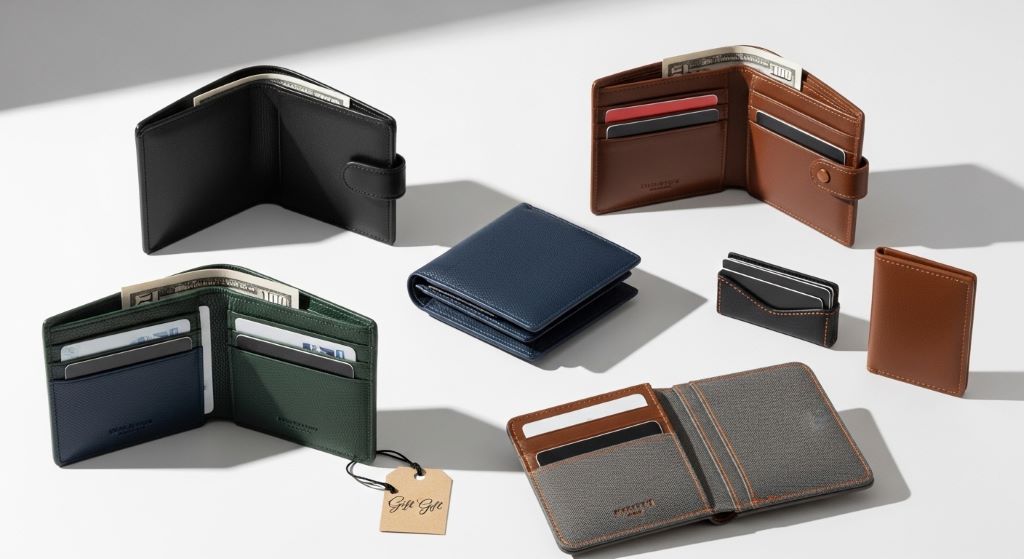 A collection of stylish men’s wallets in different styles and colors displayed as gift options on a clean white background