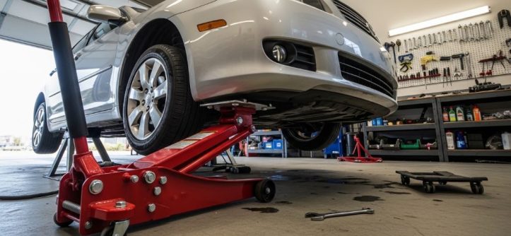 Hydraulic floor jack lifting a car in a garage