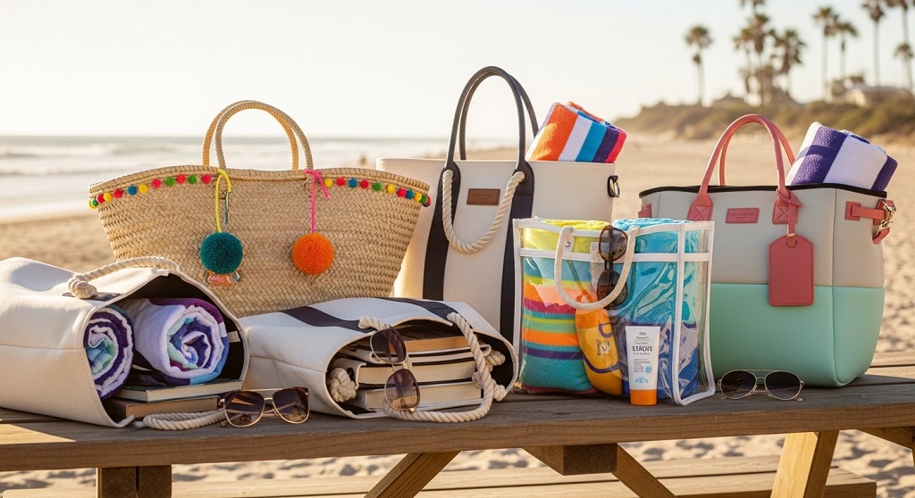 modern stylish beach bag packed with towels and sunscreen