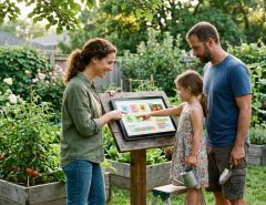 Family following a smart backyard plant care schedule in a tropical Miami garden with healthy plants and palm trees