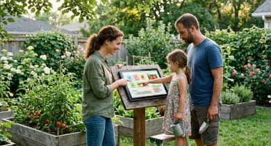Family following a smart backyard plant care schedule in a tropical Miami garden with healthy plants and palm trees