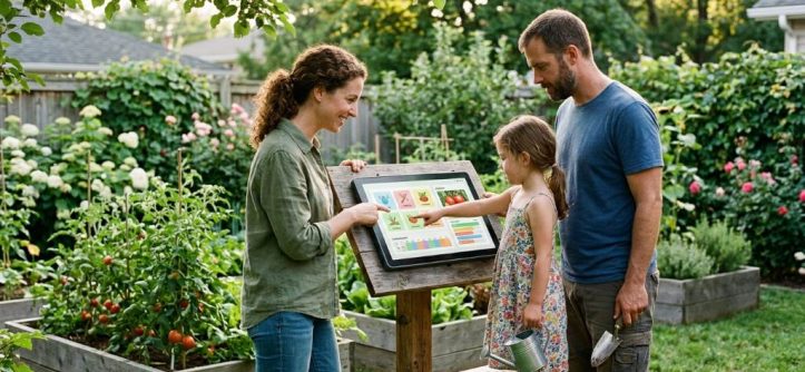 Family following a smart backyard plant care schedule in a tropical Miami garden with healthy plants and palm trees