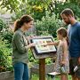 Family following a smart backyard plant care schedule in a tropical Miami garden with healthy plants and palm trees