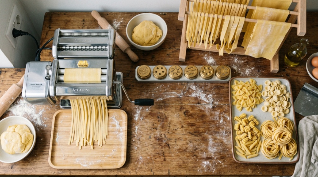 Overhead view of an electric pasta machine with multiple pasta dies and freshly made pasta shapes