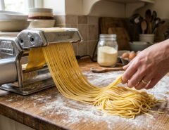 Electric pasta machine extruding fresh spaghetti strands onto a floured wooden kitchen surface