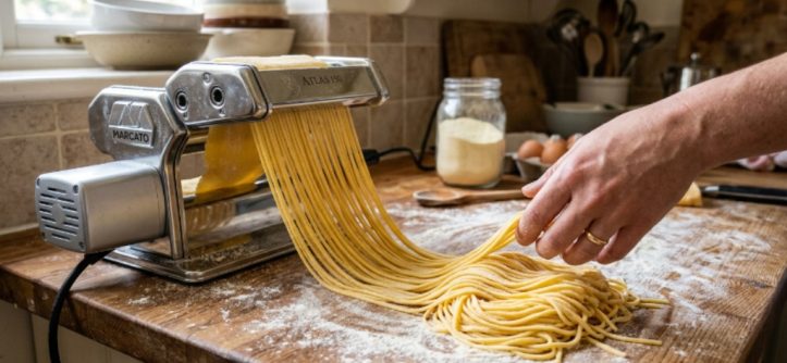 Electric pasta machine extruding fresh spaghetti strands onto a floured wooden kitchen surface