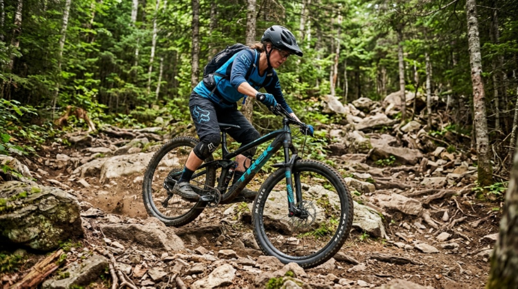 Mountain biker riding a 27.5-inch wheel trail bike through a rocky forest path