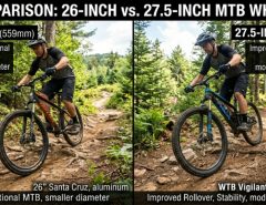 Side-by-side comparison of 26-inch and 27.5-inch mountain bike wheels on a dirt trail