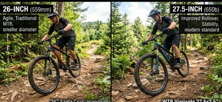 Side-by-side comparison of 26-inch and 27.5-inch mountain bike wheels on a dirt trail