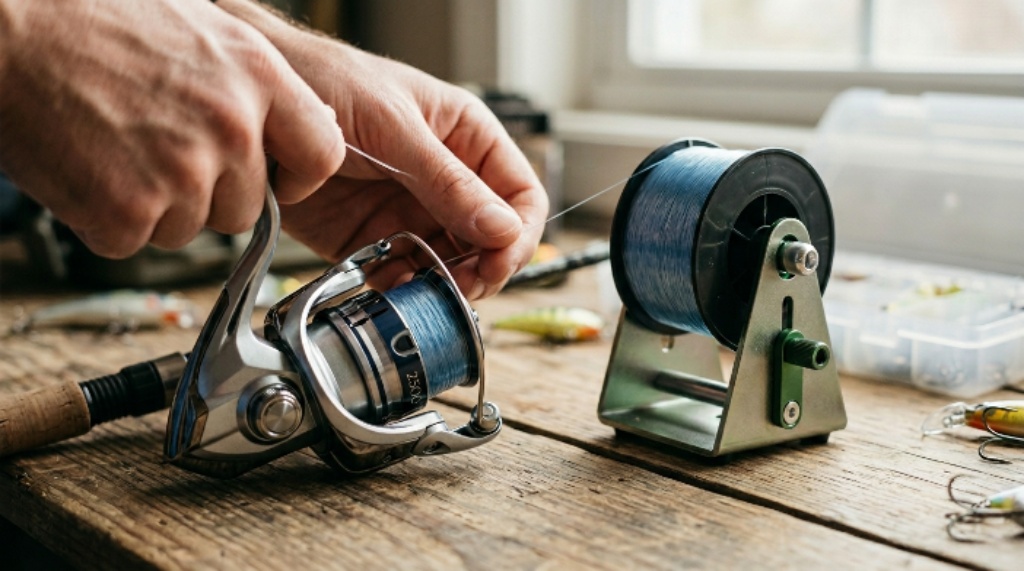 Close-up of a fishing line spooler next to a spinning reel, demonstrating one of the key spooler benefits for beginner anglers