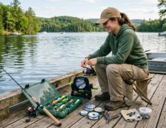 A beginner angler organizing basic fishing equipment including a rod, reel, tackle box, and line spooler on a wooden dock