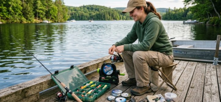 A beginner angler organizing basic fishing equipment including a rod, reel, tackle box, and line spooler on a wooden dock