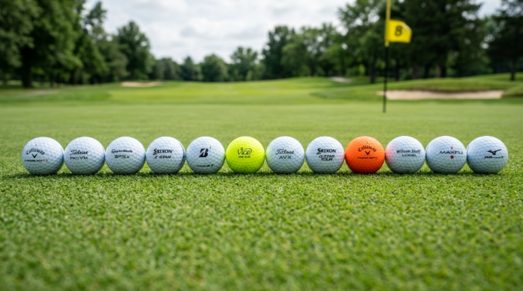 Selection of long distance golf balls lined up on a putting green showing dimple patterns and cover materials