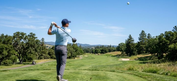 Mid handicap golfer hitting a driver on a fairway with a high launch golf ball in flight against a clear sky