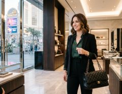 Woman holding a luxury designer handbag inside an upscale boutique on the Las Vegas Strip in Nevada