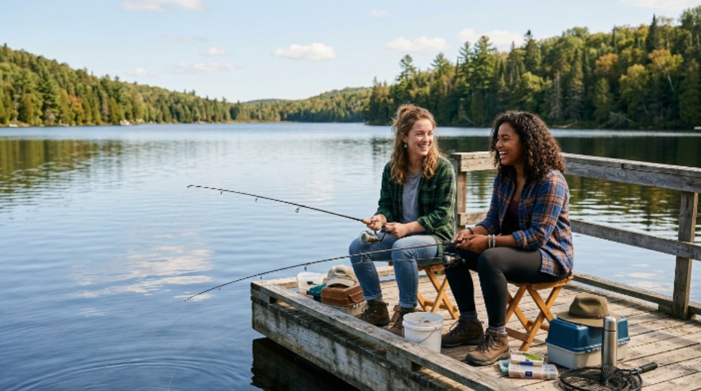 Two friends fishing together on a quiet lake dock, smiling and enjoying the outdoors on a clear day