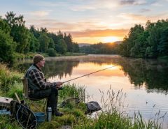 A person sitting peacefully on a riverbank fishing at sunrise surrounded by green trees and calm water