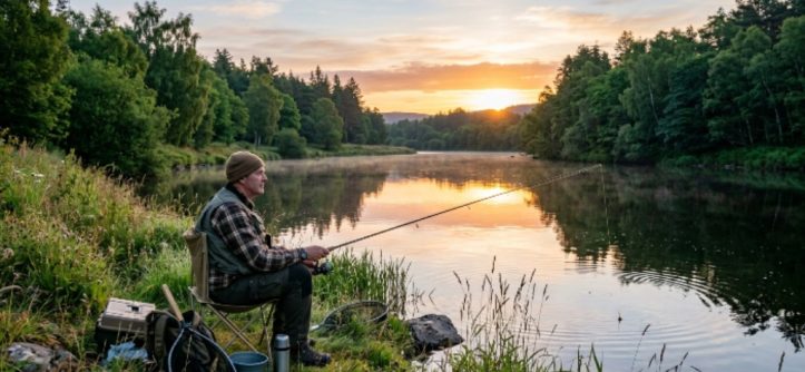 A person sitting peacefully on a riverbank fishing at sunrise surrounded by green trees and calm water