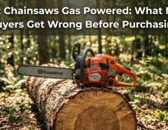 Gas chainsaw resting on a cut log in the woods with text overlay about gas chainsaw buying mistakes