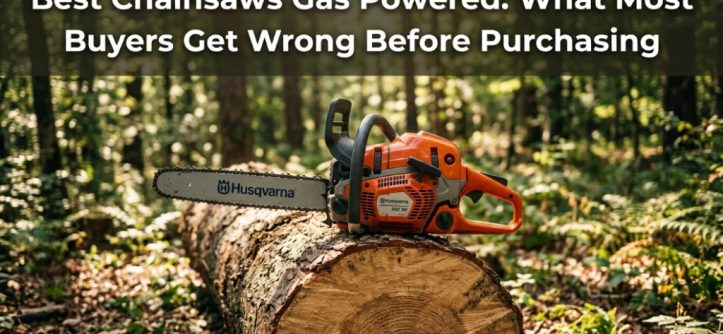 Gas chainsaw resting on a cut log in the woods with text overlay about gas chainsaw buying mistakes