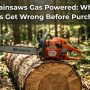 Gas chainsaw resting on a cut log in the woods with text overlay about gas chainsaw buying mistakes