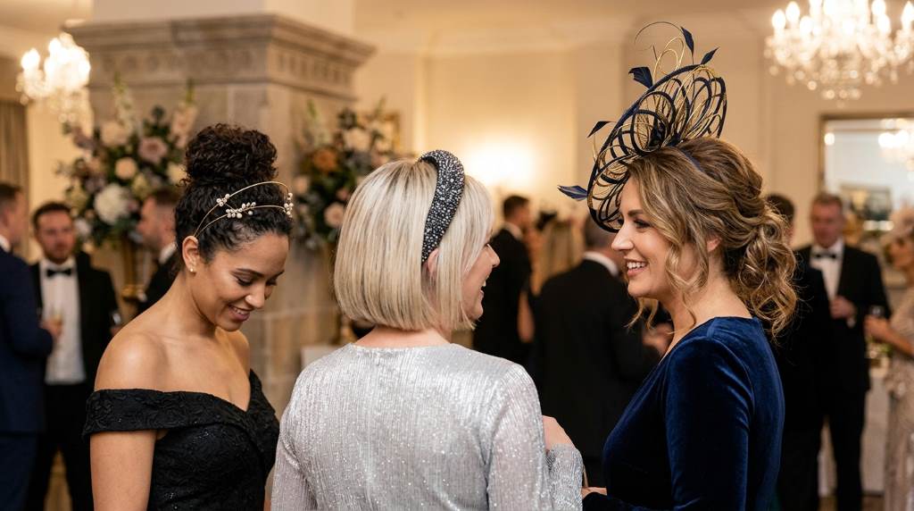 Stylish formal fascinator paired with sleek hairstyle in New York fashion event