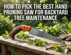 A hand pruning saw on a workbench with text overlay about picking the best backyard tree maintenance tool.