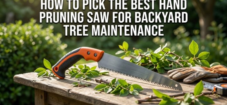 A hand pruning saw on a workbench with text overlay about picking the best backyard tree maintenance tool.