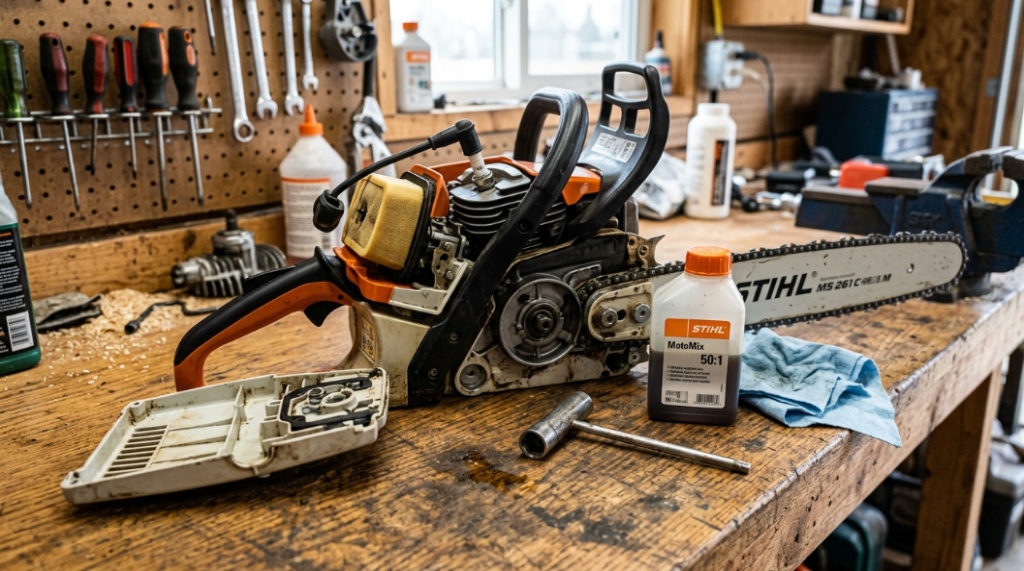 Close up of a man cleaning and maintaining the chain and engine of a disassembled gas chainsaw on a workbench.