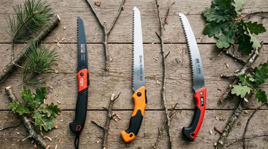 Three types of hand pruning saws arranged on a wooden background for comparison.