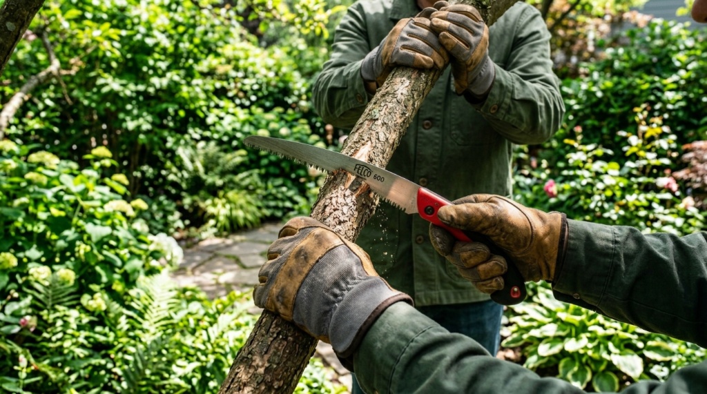 A gardener wearing gloves cuts a tree branch with a sharp hand pruning saw.