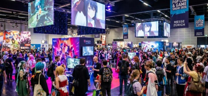 Crowds exploring colourful exhibition halls at Zurich Pop Con & Game Show 2026 at Messe Zürich