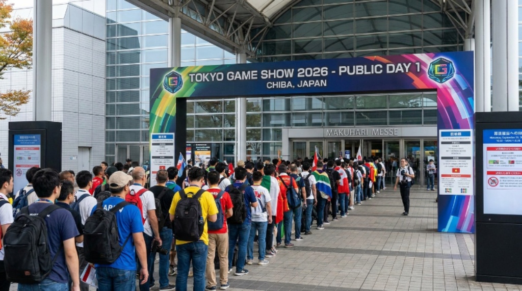 International visitors lined up outside Makuhari Messe convention center on public day one of Tokyo Game Show 2026 in Chiba, Japan, with event signage visible at the entrance