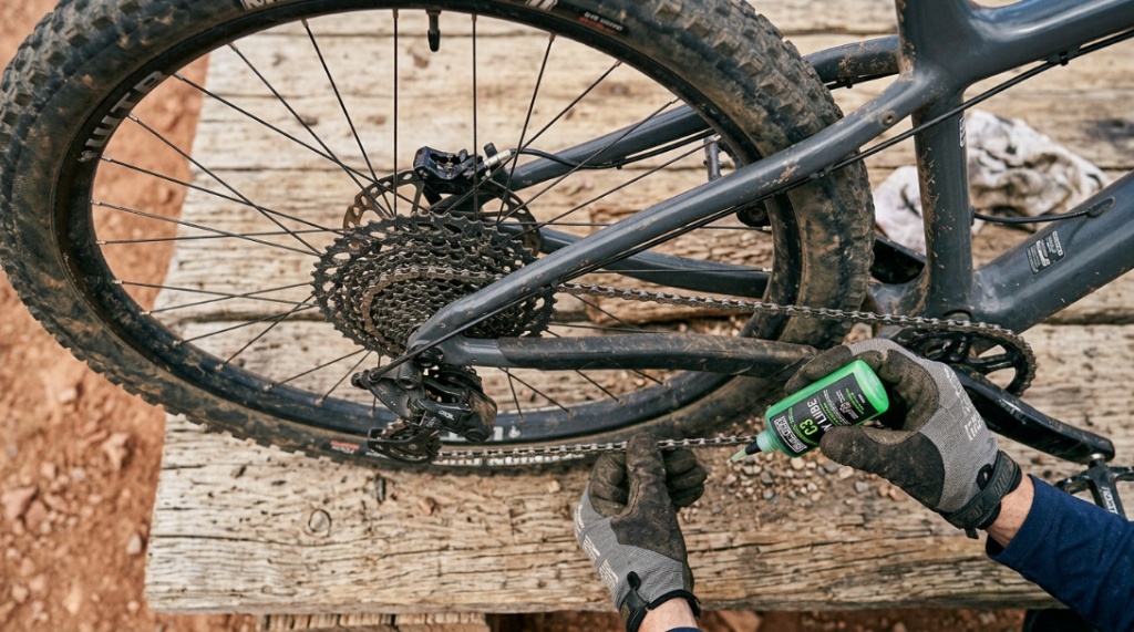 Close-up of a clean mountain bike chain moving smoothly over rear cassette gears.
