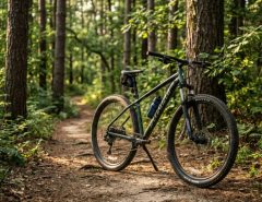 A red hardtail mountain bike parked on a sunny dirt forest trail.