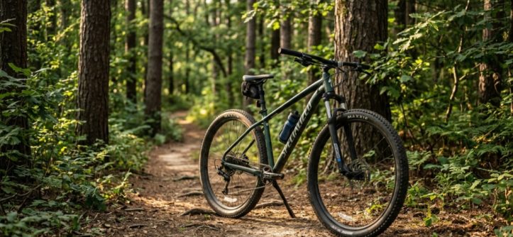 A red hardtail mountain bike parked on a sunny dirt forest trail.