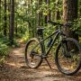 A red hardtail mountain bike parked on a sunny dirt forest trail.