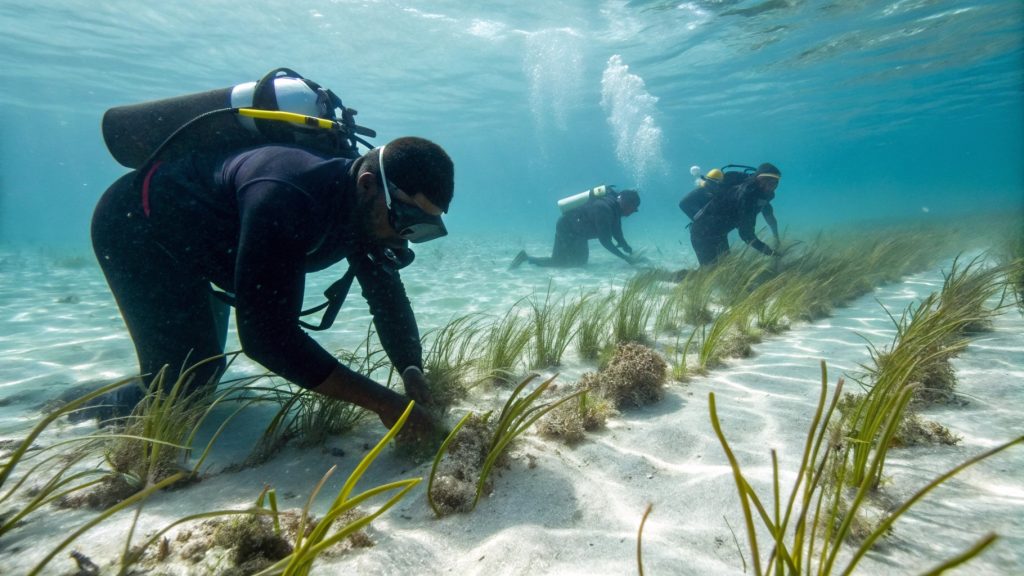 Join our marine restoration team planting seagrass in shallow coastal waters. Discover how we're boosting ecosystem resilience and protecting marine life.