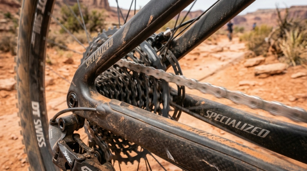 Cyclist hands applying specialized dry lubricant drops to a clean bike chain links