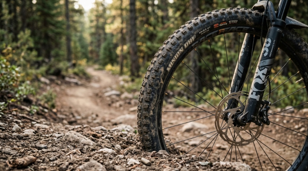 Close-up of a mountain bike front wheel and suspension on dirt.