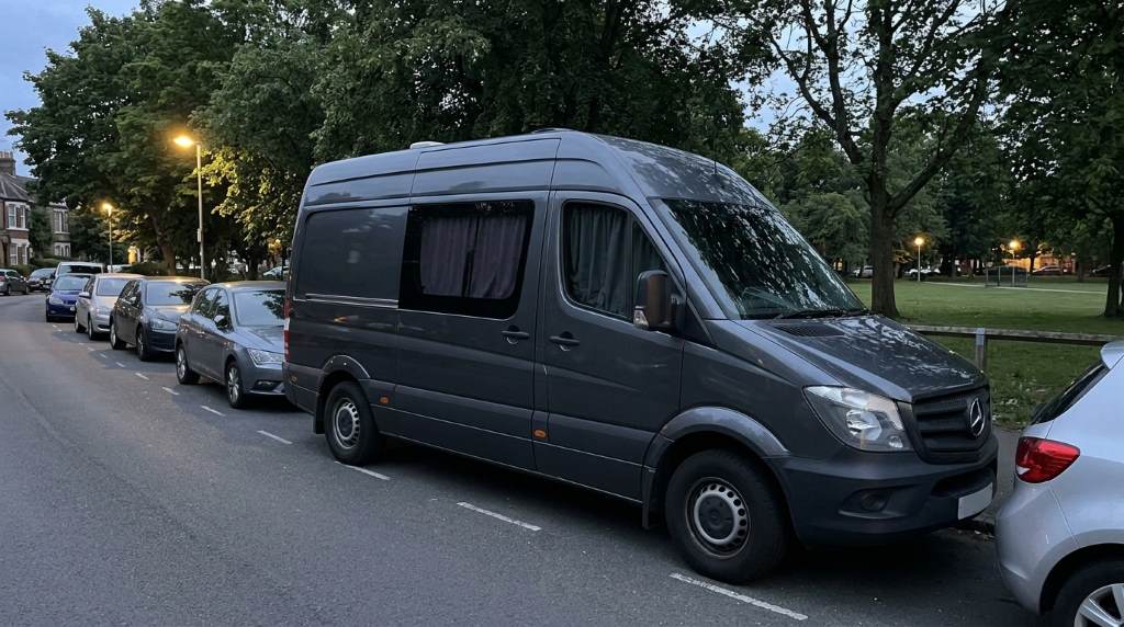 Camper van with closed curtains during overnight city parking