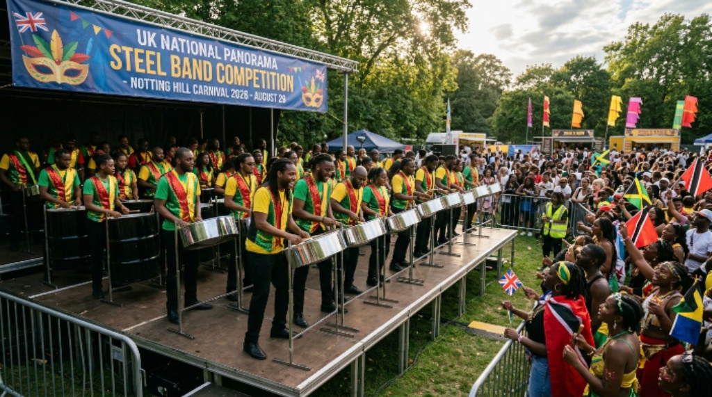 Steel pan musicians competing at the UK National Panorama steel band competition at Emslie Horniman's Pleasance Park during Notting Hill Carnival 2026 on August 29