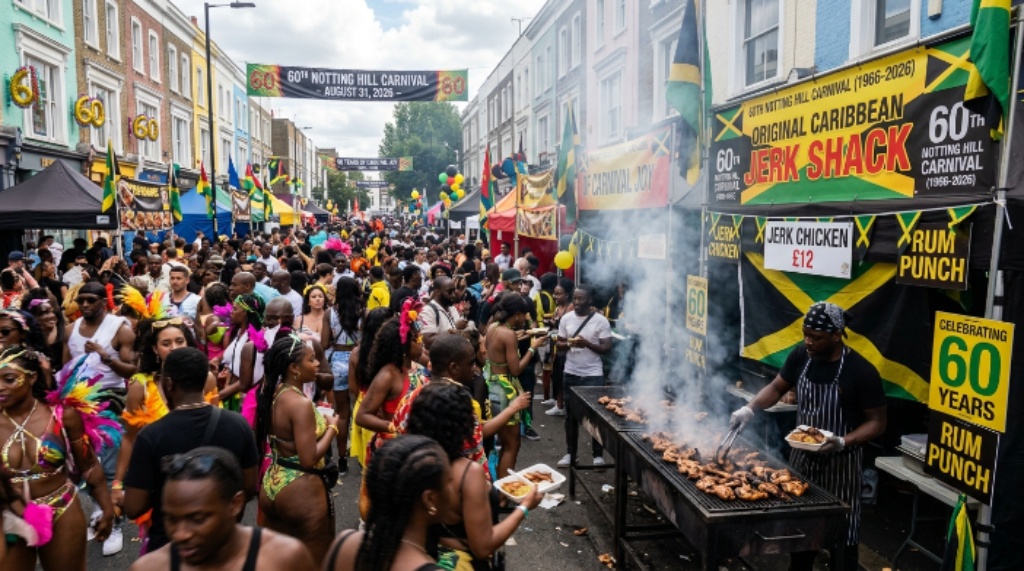 Caribbean food stalls lining the streets of Notting Hill with jerk chicken smoke rising above the crowd during the 60th anniversary Notting Hill Carnival on August 31, 2026