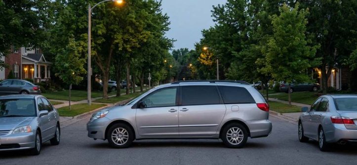 Stealth camper van parked legally on a quiet San Diego street