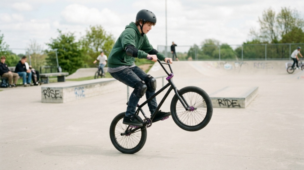 BMX rider practicing beginner tricks