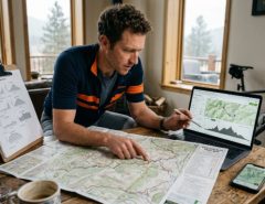 Cyclist planning a cycling route using maps and elevation data