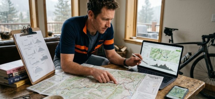Cyclist planning a cycling route using maps and elevation data