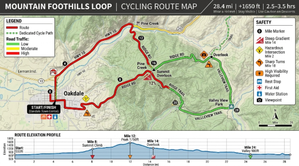 Cycling route map showing traffic, elevation, and safety information