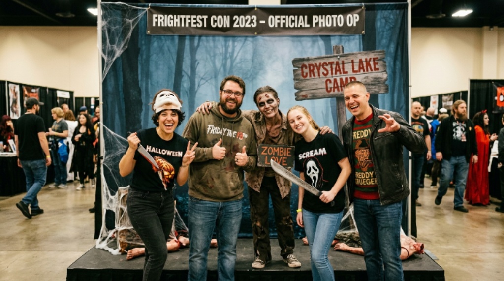 Fans posing for a photo op at a horror film convention